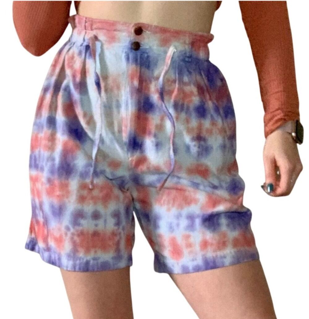 Vintage 1990s Purple Pink Tie Dye Shorts High Waisted Cotton Reworked Boho